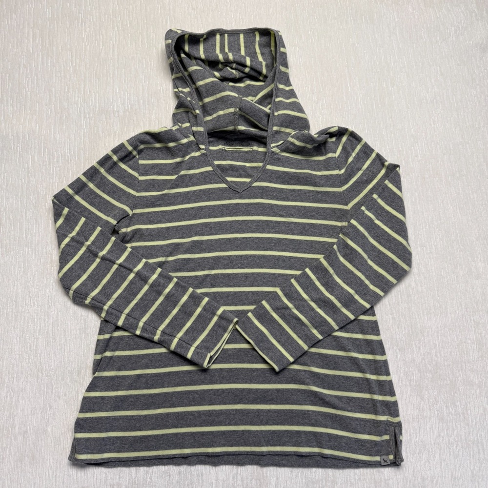 Eddie Bauer Hoodie Womens Large Gray Striped Knit Cotton Pullover V-Neck Outdoor